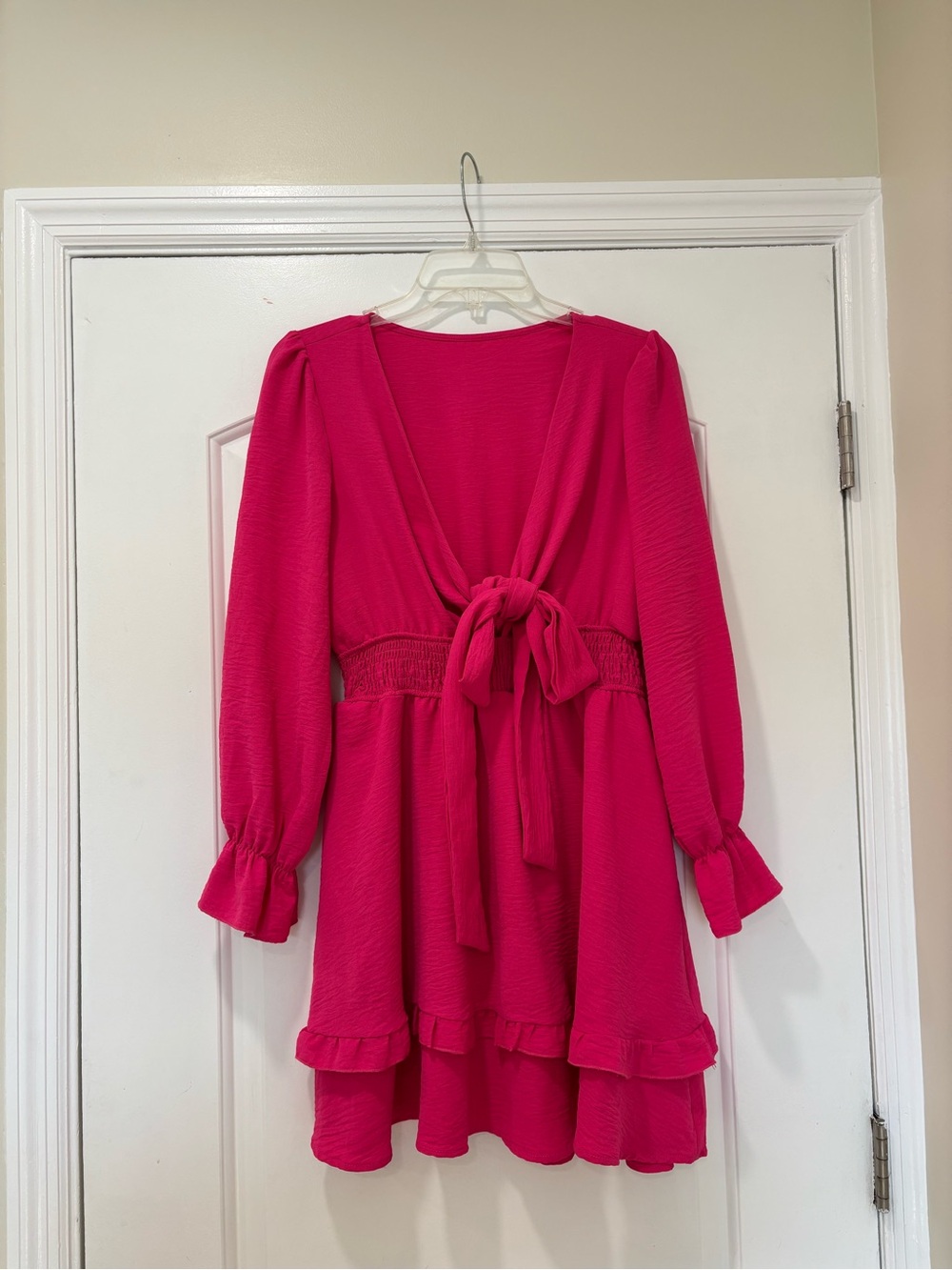 Amazon Hot Pink Long Sleeve Tie-Waist Ruffle Dress